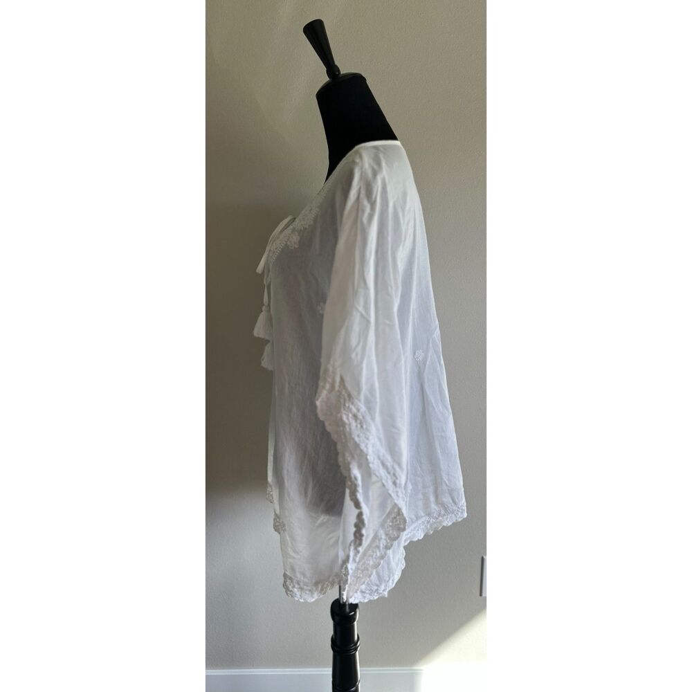 HOLI White Cotton Embroidered Tie Neck Tasseled Oversized Tunic Top Size L - Picture 5 of 7